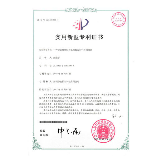 一种带音视频监控系统装置的气体探测器专利证书